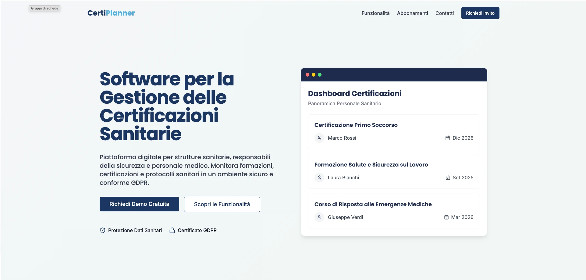 Screenshot di Certiplanner: dashboard per il monitoraggio della compliance sanitaria con alert predittivi