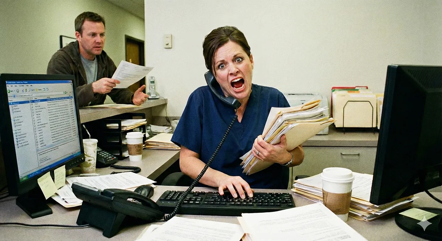 Segretaria sanitaria stressata e sopraffatta dal carico di lavoro: rappresentazione del burnout nella segreteria medica senza supporto AI