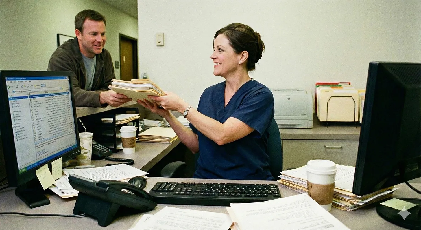 Segretaria sanitaria serena e disponibile che assiste un paziente con attenzione e cura: benefici dell'AI che libera tempo per attività ad alto tocco umano