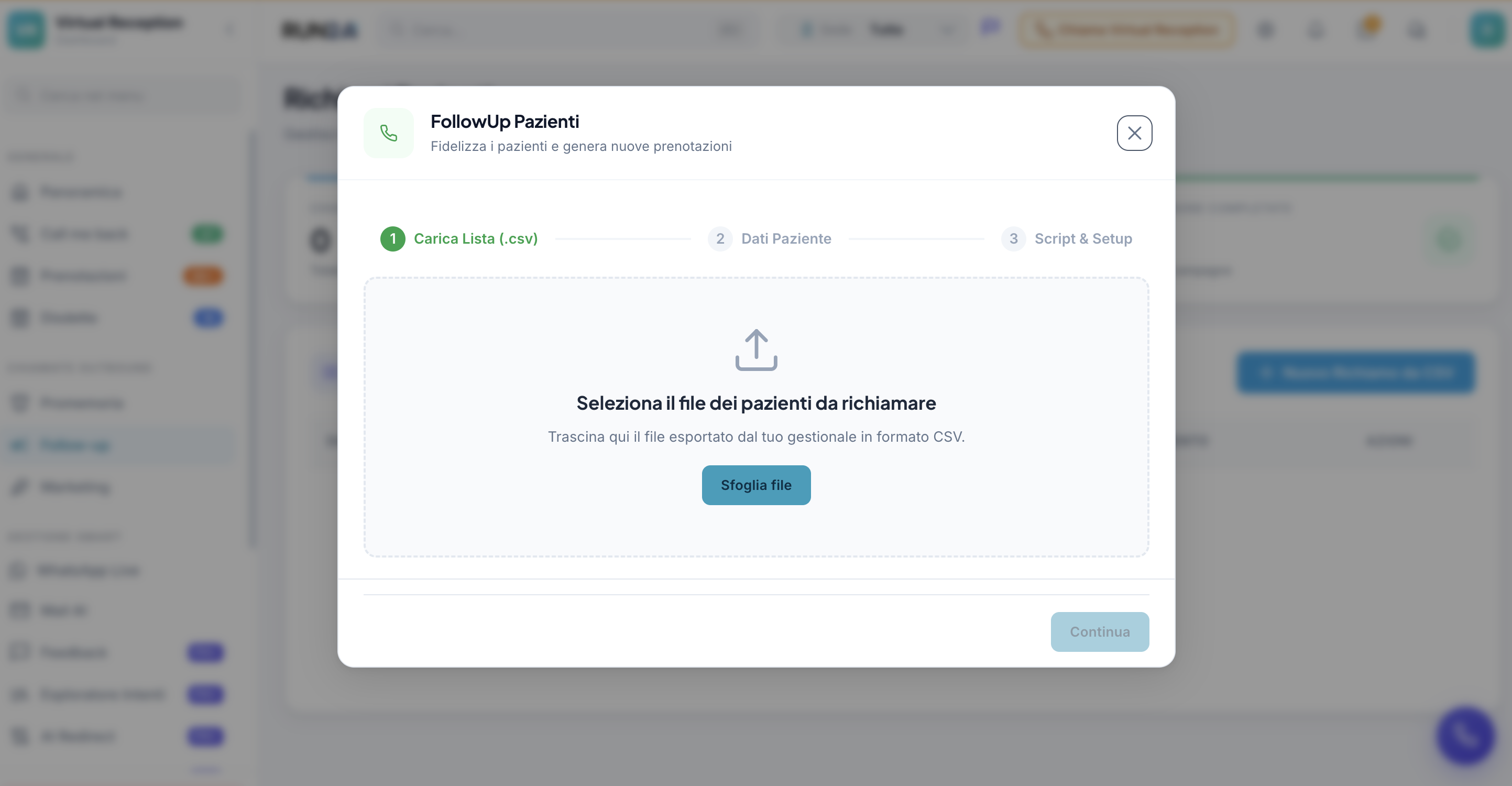 Virtual Reception outbound: modale FollowUp Pazienti per caricare una lista CSV di pazienti da richiamare